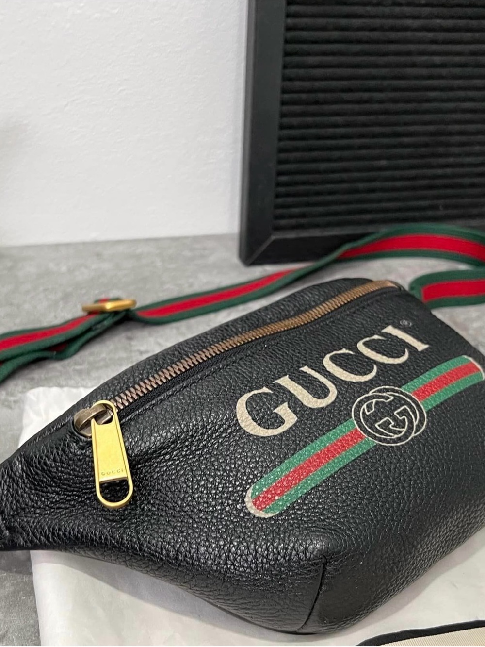 Gucci Black Leather Belt Bag with Green-Red Web and Gold Hardware
